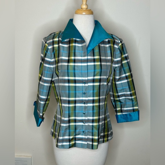 Marisa Baratelli Thai Silk Plaid Button-Up Shirt with Teal Collar Size 8 - Picture 1 of 10